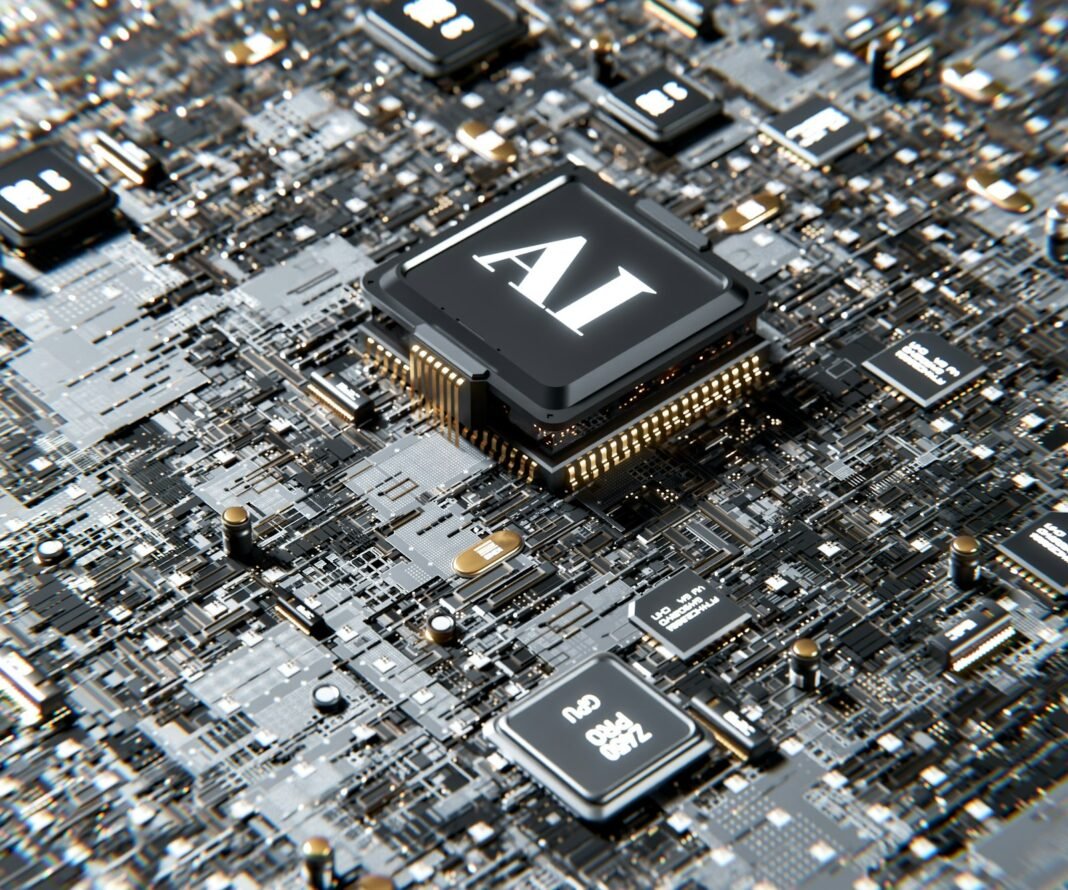 Computer chip labelled AI on a circuit board, representing artificial intelligence tools
